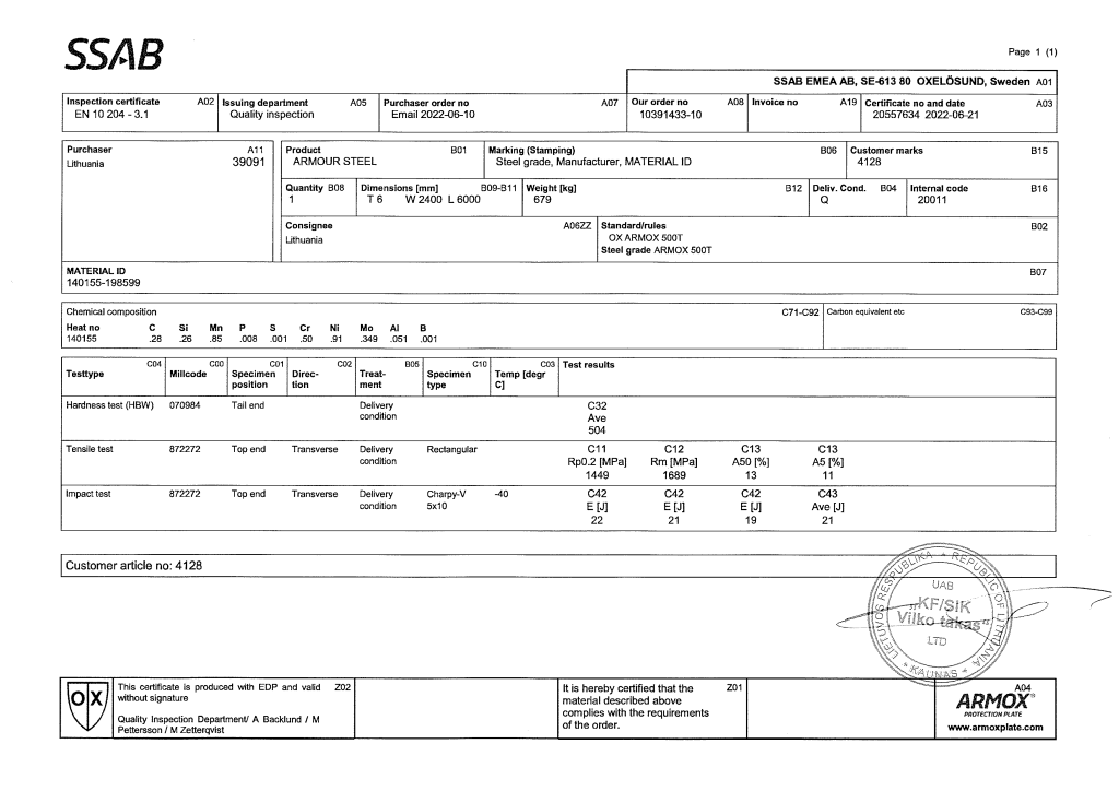 plate carrier Armox500T 6mm